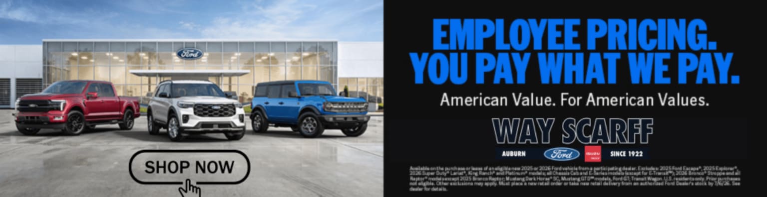 Three vehicles are parked in front of a dealership with a "Shop Now" button in the foreground, while the background features a dark advertisement with text about employee pricing.