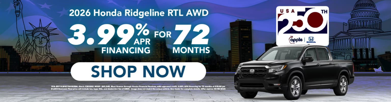 A black pickup truck is advertised with a financing offer in front of a cityscape featuring iconic landmarks.