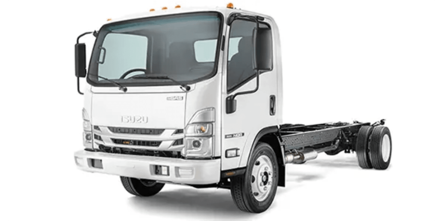 A white truck chassis with a white cab and exposed frame against a plain white background.