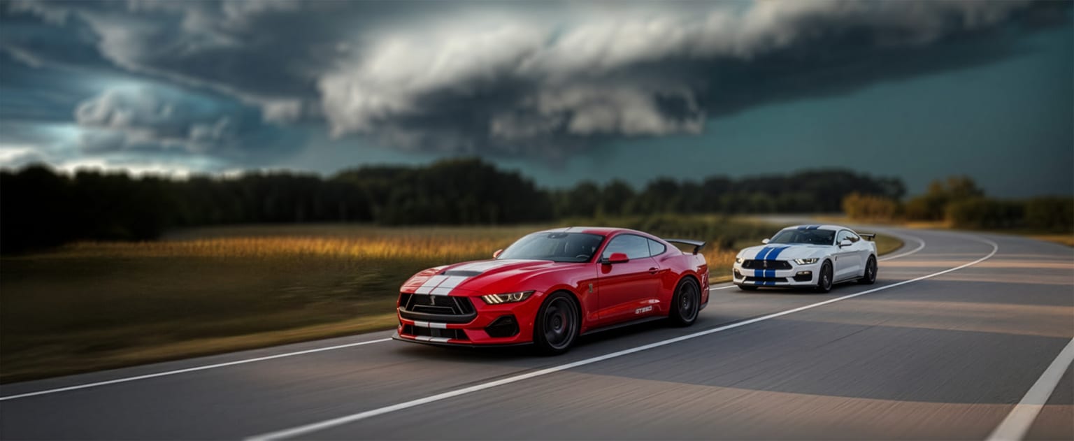 A red sports car and a white sports car speeding down a road against a dramatic, stormy sky and a backdrop of trees.