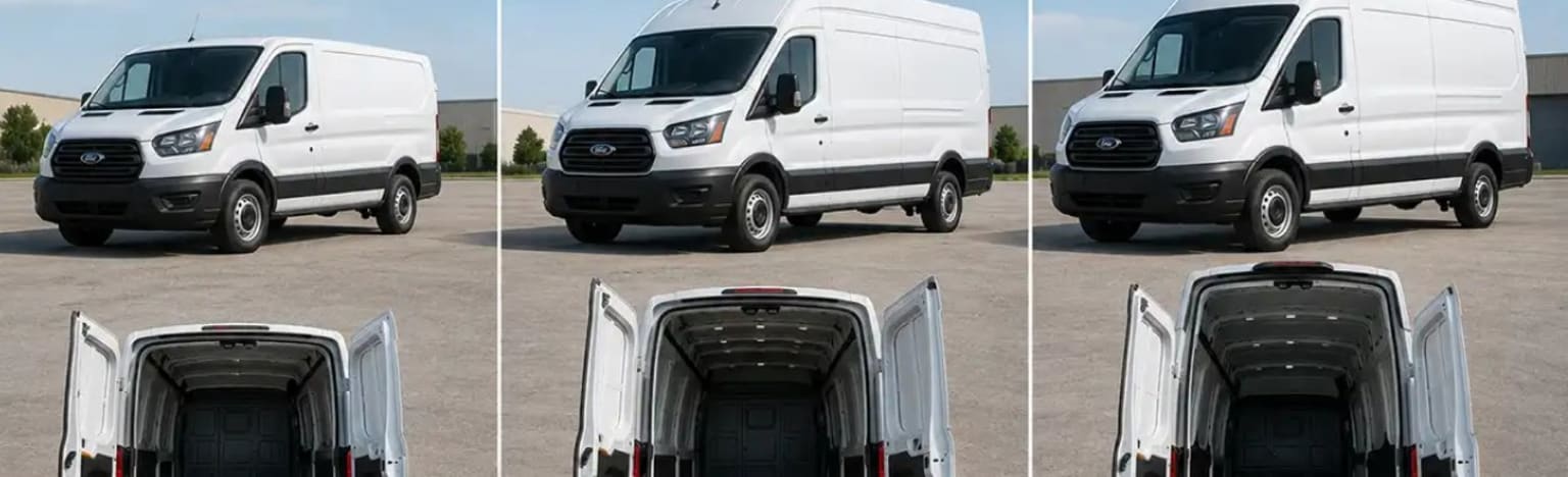 Three white vans are parked on a paved lot with a clear sky in the background. The foreground shows the open rear doors of three similar vans.