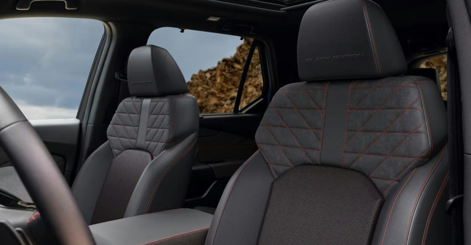 Two dark, quilted leather car seats with red stitching in the foreground, with a rocky, mountainous landscape visible through the car's windows in the background.