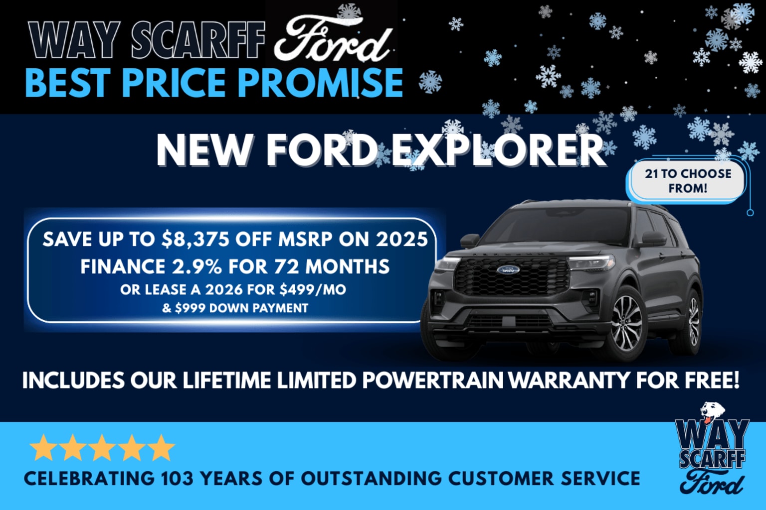 Image of an SUV in the foreground with a winter-themed background including snowflakes.