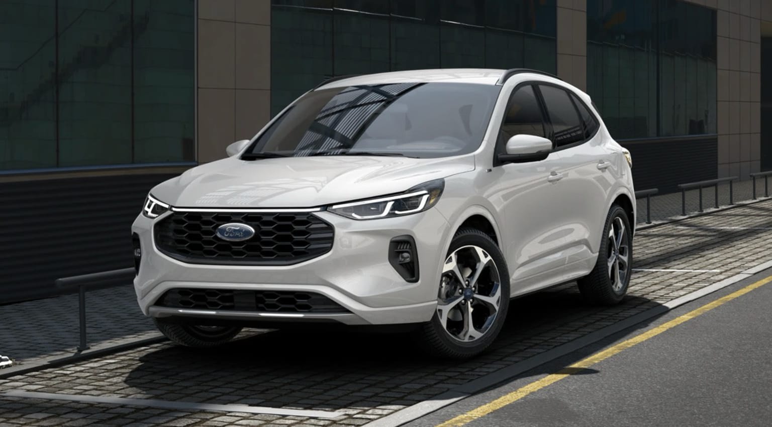A white SUV with a bold, angular design parked in front of a modern, glass-fronted building, creating a striking visual contrast between the vehicle and the architectural backdrop.