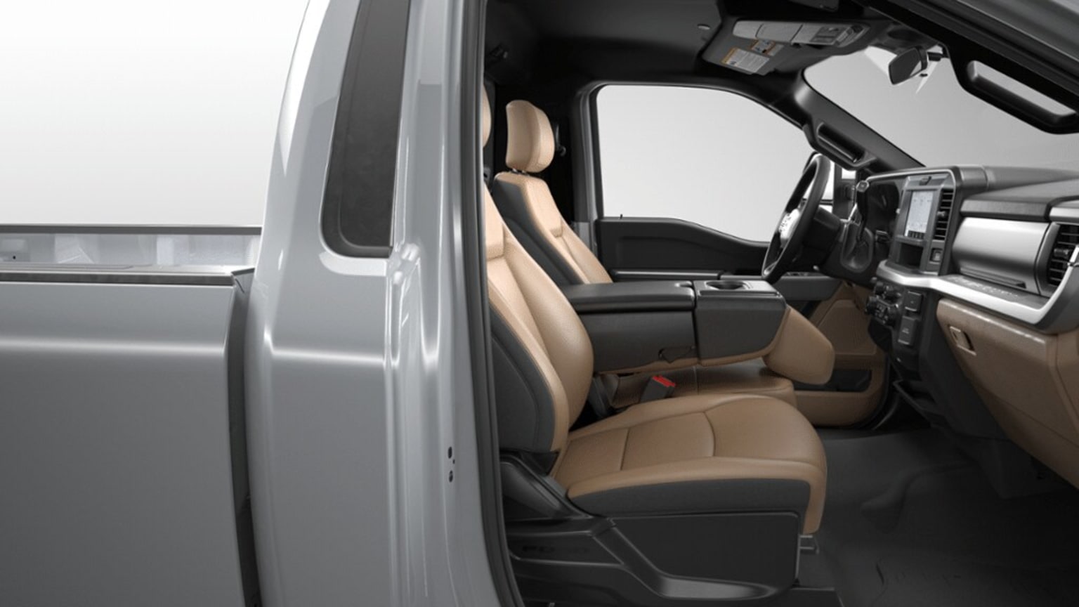 The image shows the interior of a vehicle, with a beige leather seat and various controls and features visible in the background.