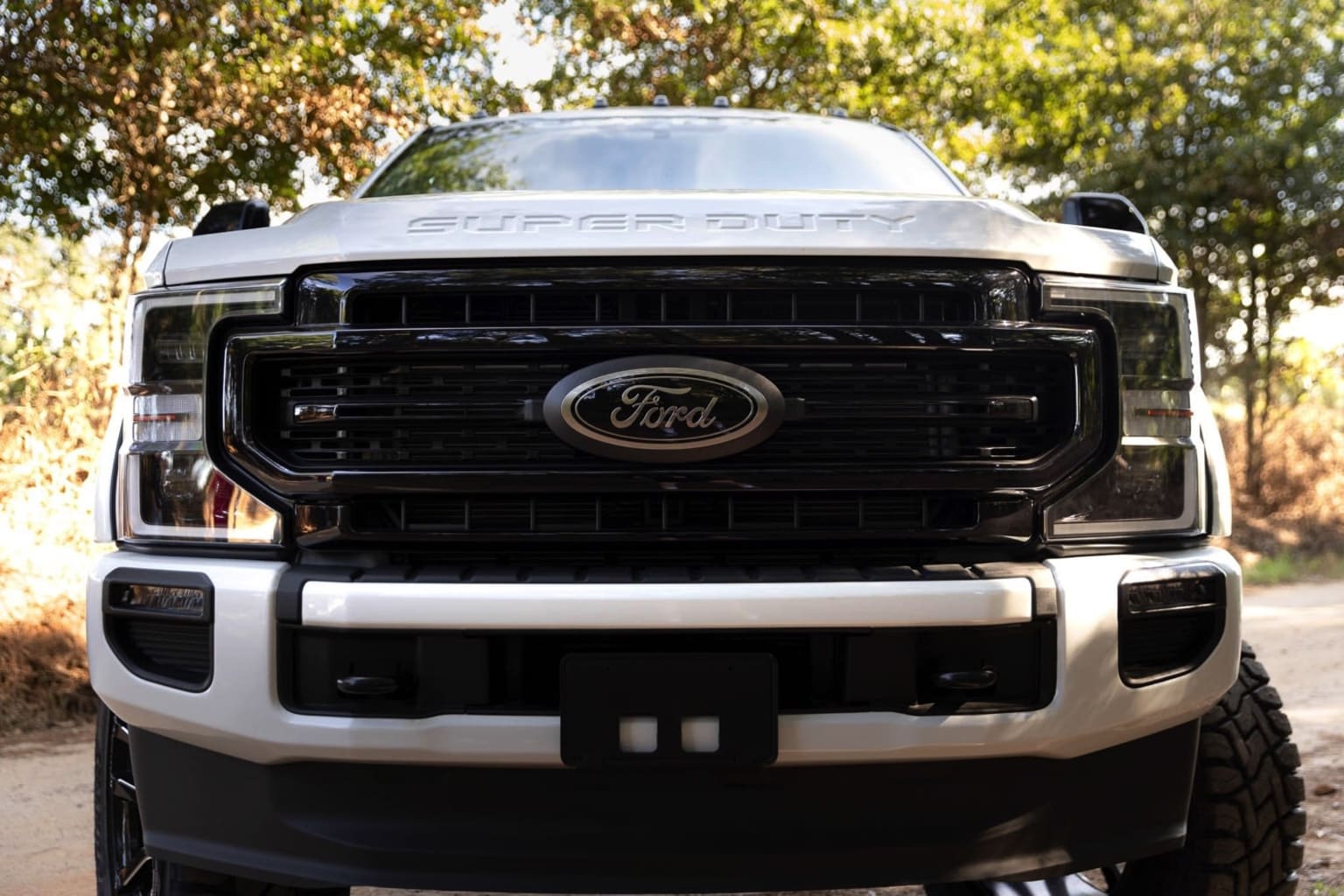 A large, rugged pickup truck with a prominent grille and off-road tires stands in a setting with lush, green foliage in the background.