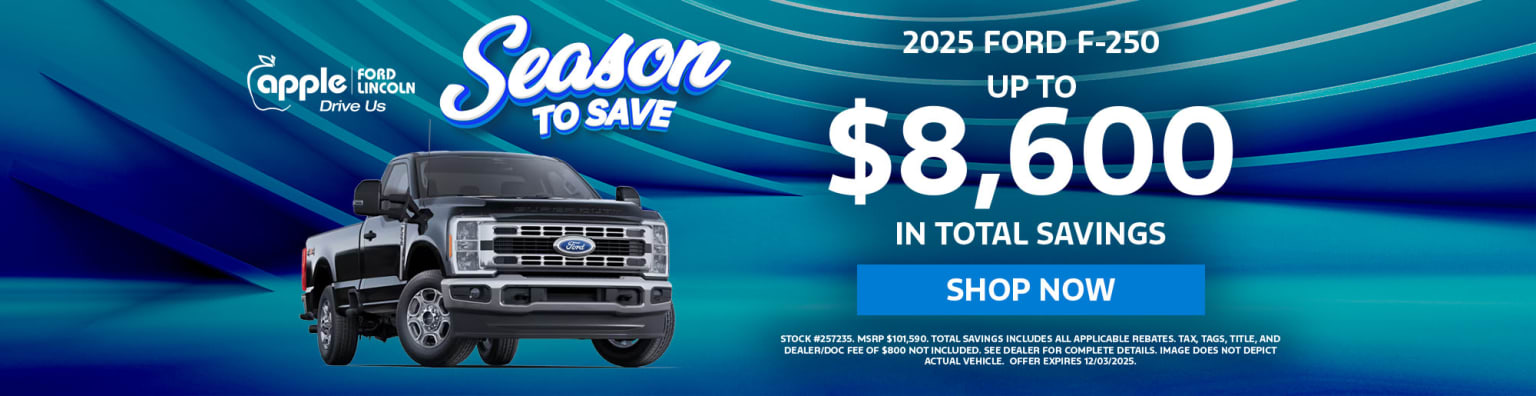 The image features a large black pickup truck in the foreground, with a blue background displaying the text "Season to Save" and details about the 2025 model and its total savings.