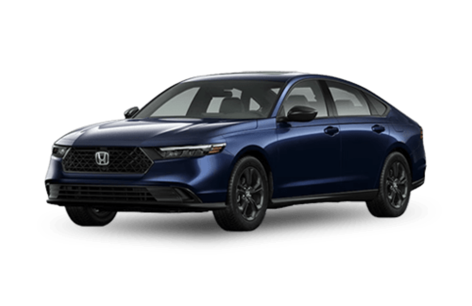 A dark blue sedan with black wheels against a plain white background.