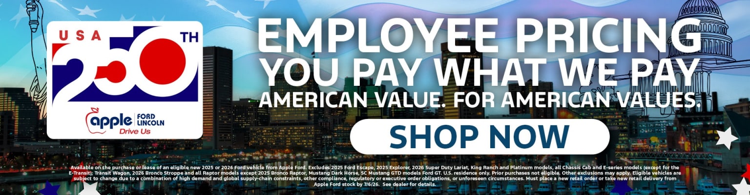 A banner advertises "Employee Pricing" with a cityscape and the US Capitol building in the background, and a "USA 250" logo in the foreground.