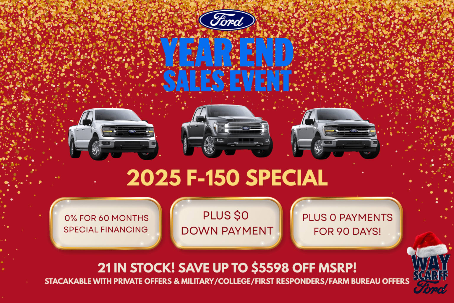 The image features three Ford F-150 pickup trucks prominently displayed against a vibrant red and yellow background, promoting a special financing offer for the 2025 F-150 model.