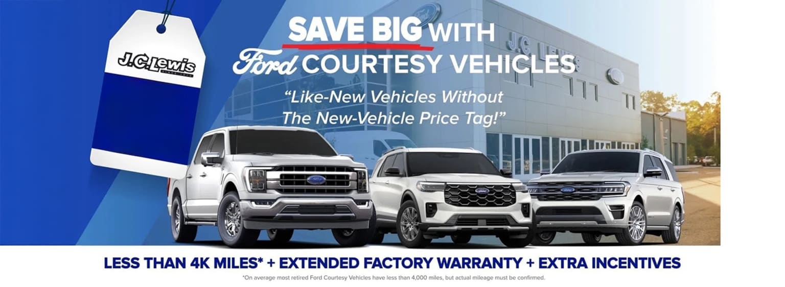 The image shows a promotional advertisement for courtesy vehicles, featuring various truck models in the background and a label in the foreground.