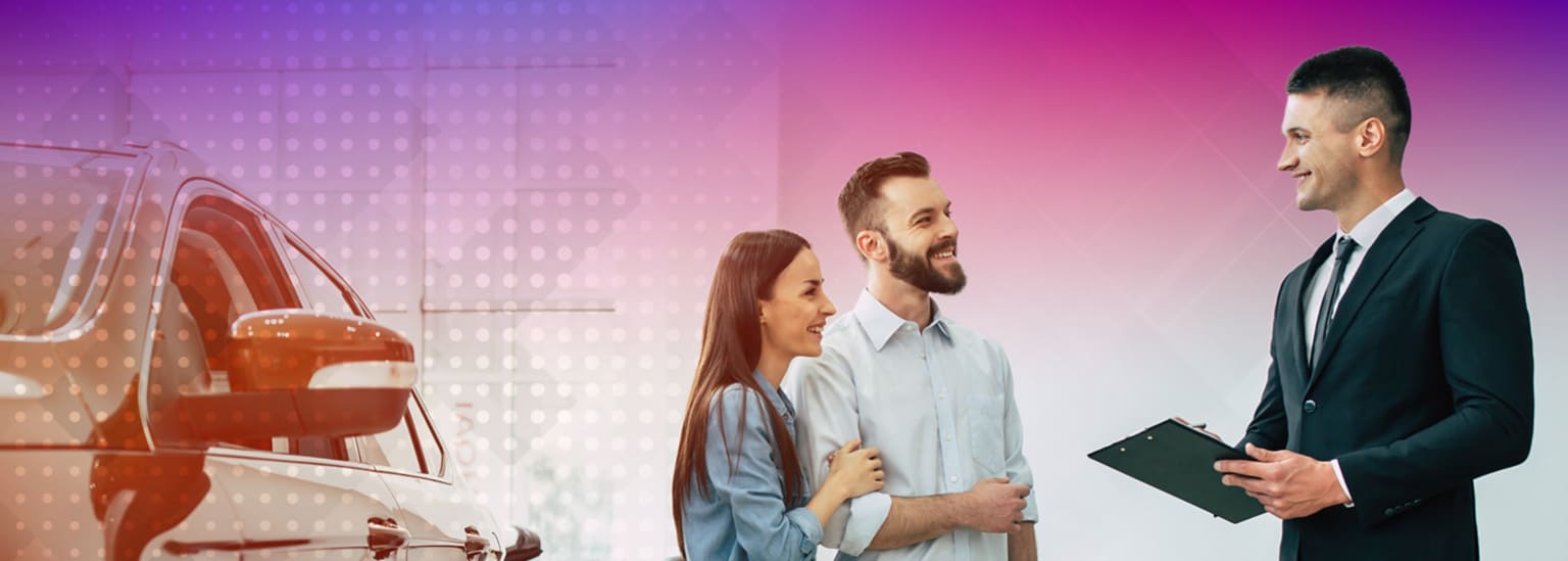 A couple with a car salesman in front of a car, with a gradient background of purple and pink.