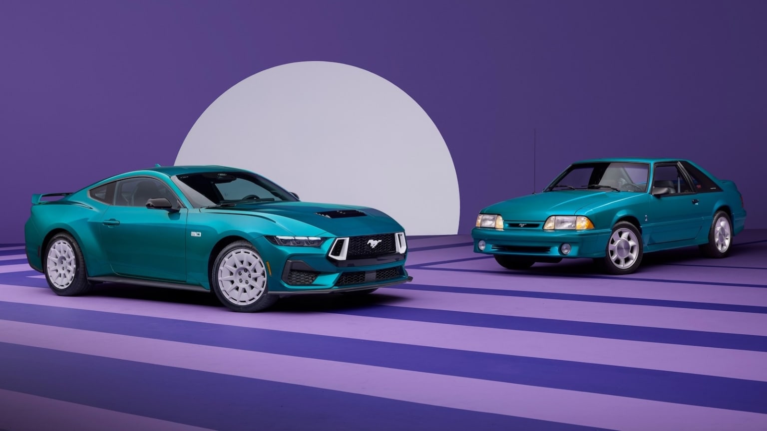 2026 Ford Mustang colors in Turquoise-colored against a vibrant purple background with a large white oval shape in the center.