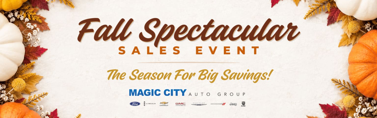 Autumn-themed sales event announcement at a car dealership with leaves and pumpkins in the foreground.