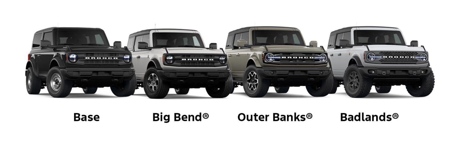 The image displays a lineup of four SUVs in various trim levels, including the Big Bend, Outer Banks, and Badlands models, all showcasing their distinctive front grille designs.