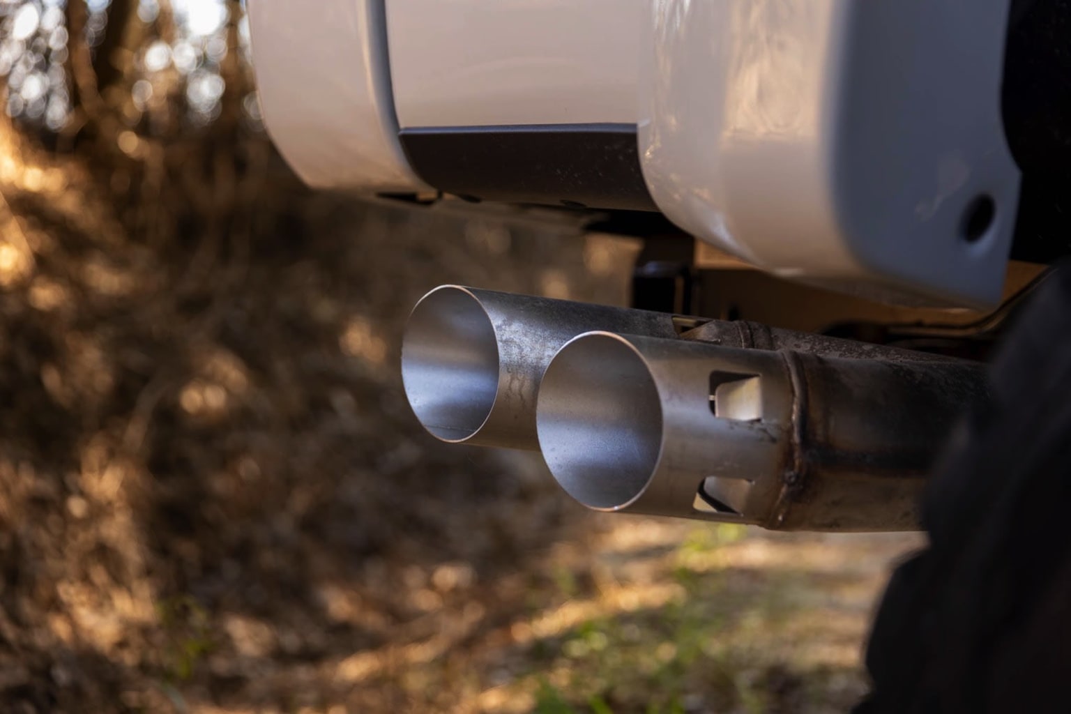 Exhaust pipes of a vehicle with foliage and a tree trunk in the background.