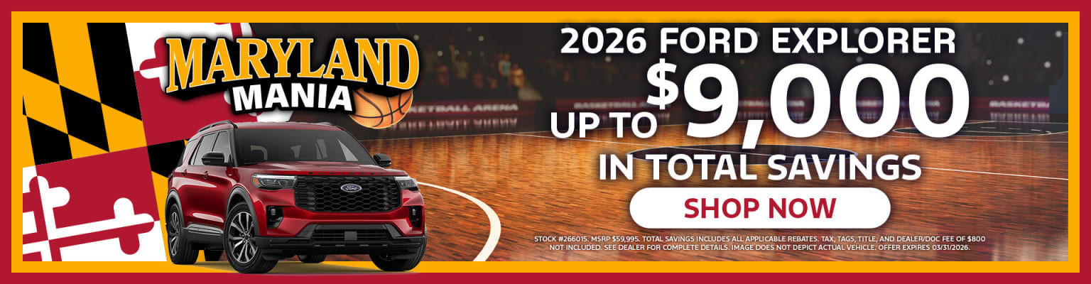 A red SUV is displayed in the foreground with a basketball court backdrop and the "Maryland Mania" logo visible.