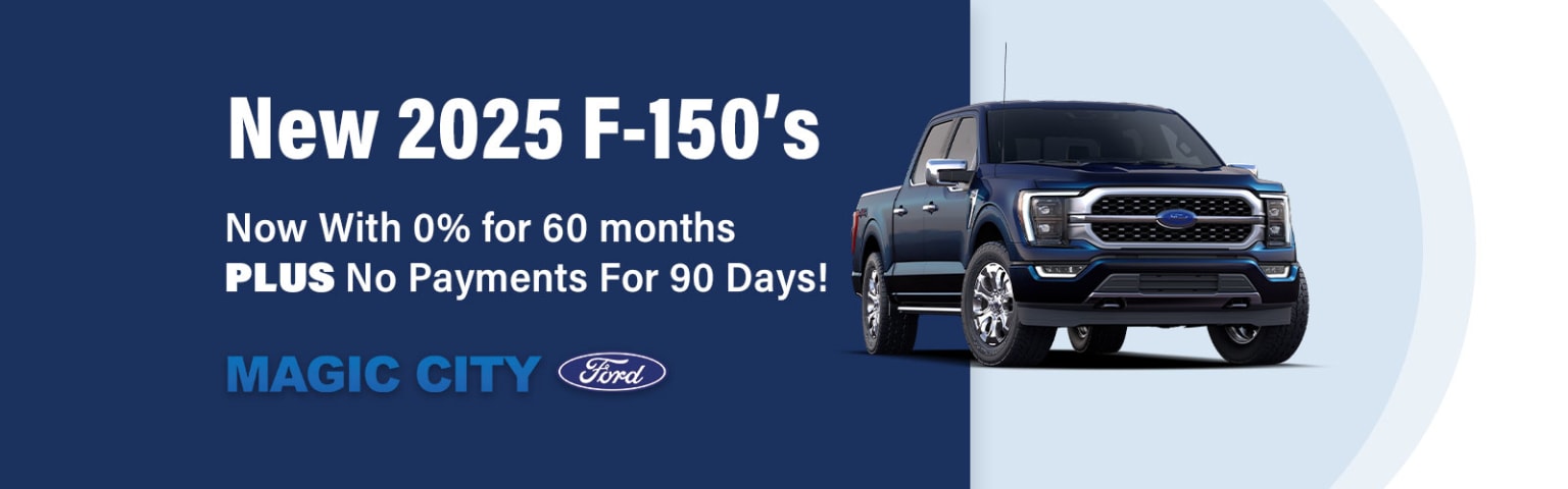 The image shows a 2025 pickup truck in dark blue color, with promotional text about financing offers.