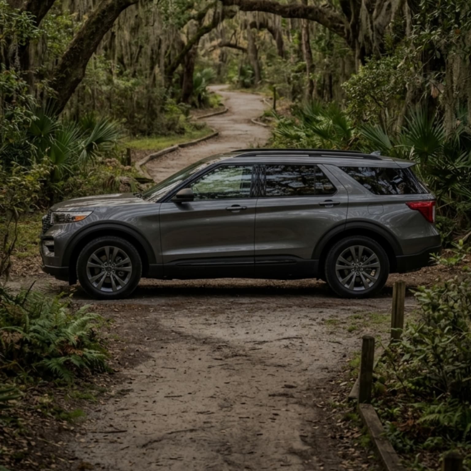A gray SUV is parked on a dirt path surrounded by lush green foliage and moss-draped trees forming an archway in the background.