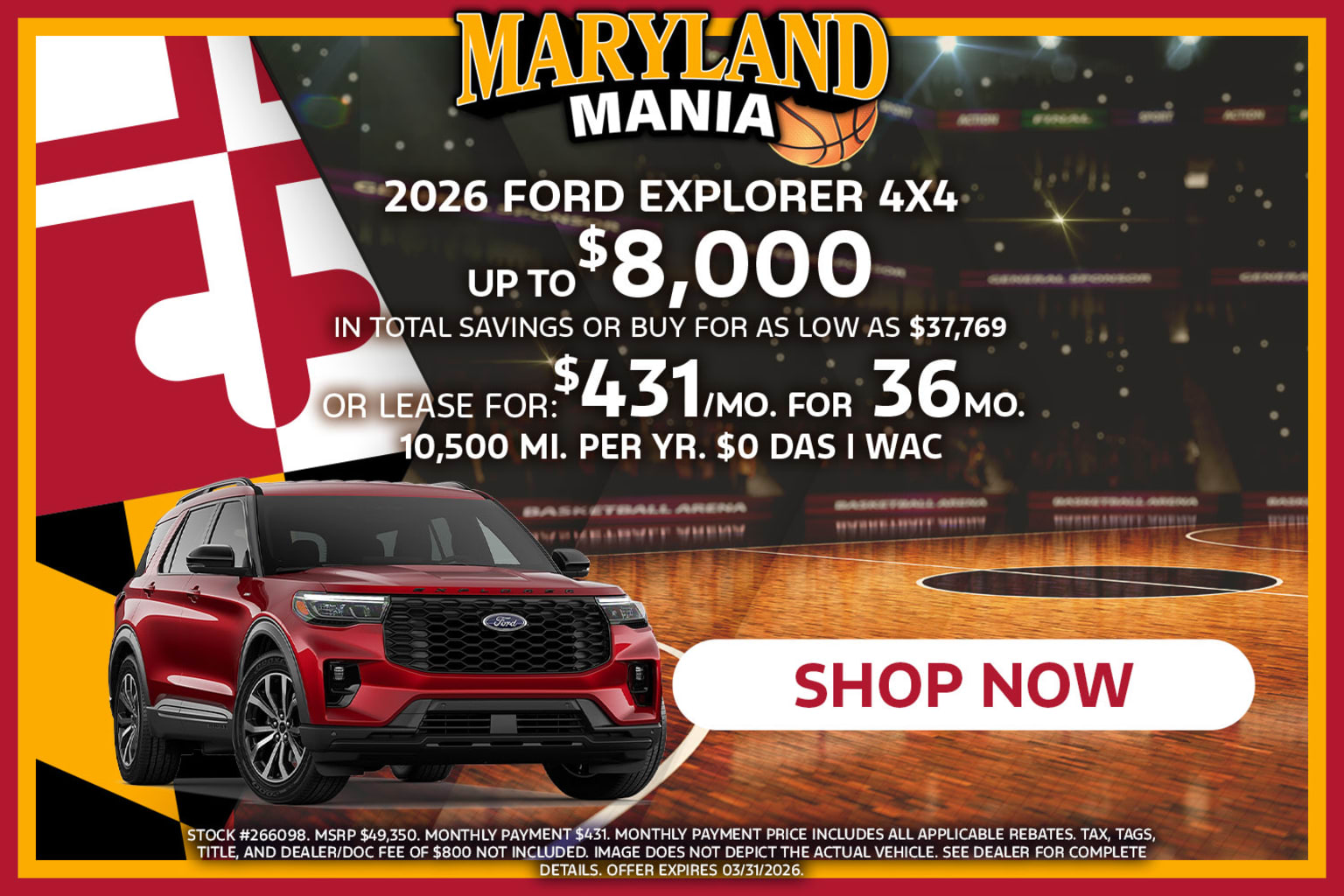 A red SUV parked in front of a basketball court with a promotional event called "Maryland Mania" in the background.
