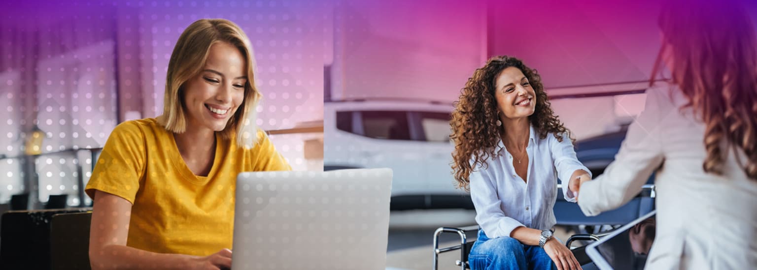 Two women in a car dealership, one smiles at her laptop, and the other shakes hands with someone, all set against a purple-hued background.