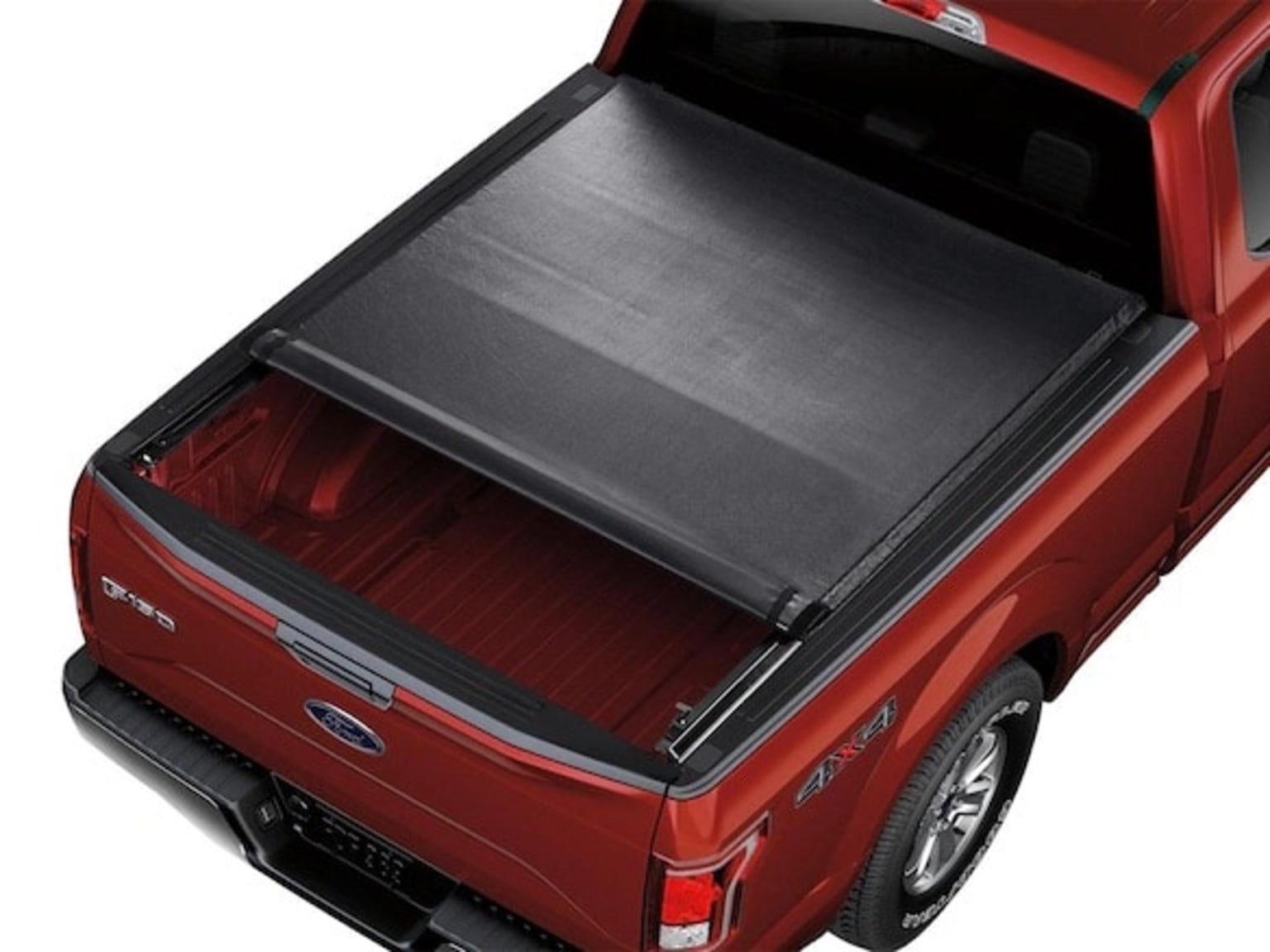 Red pickup truck with black retractable cover and open cargo bed.