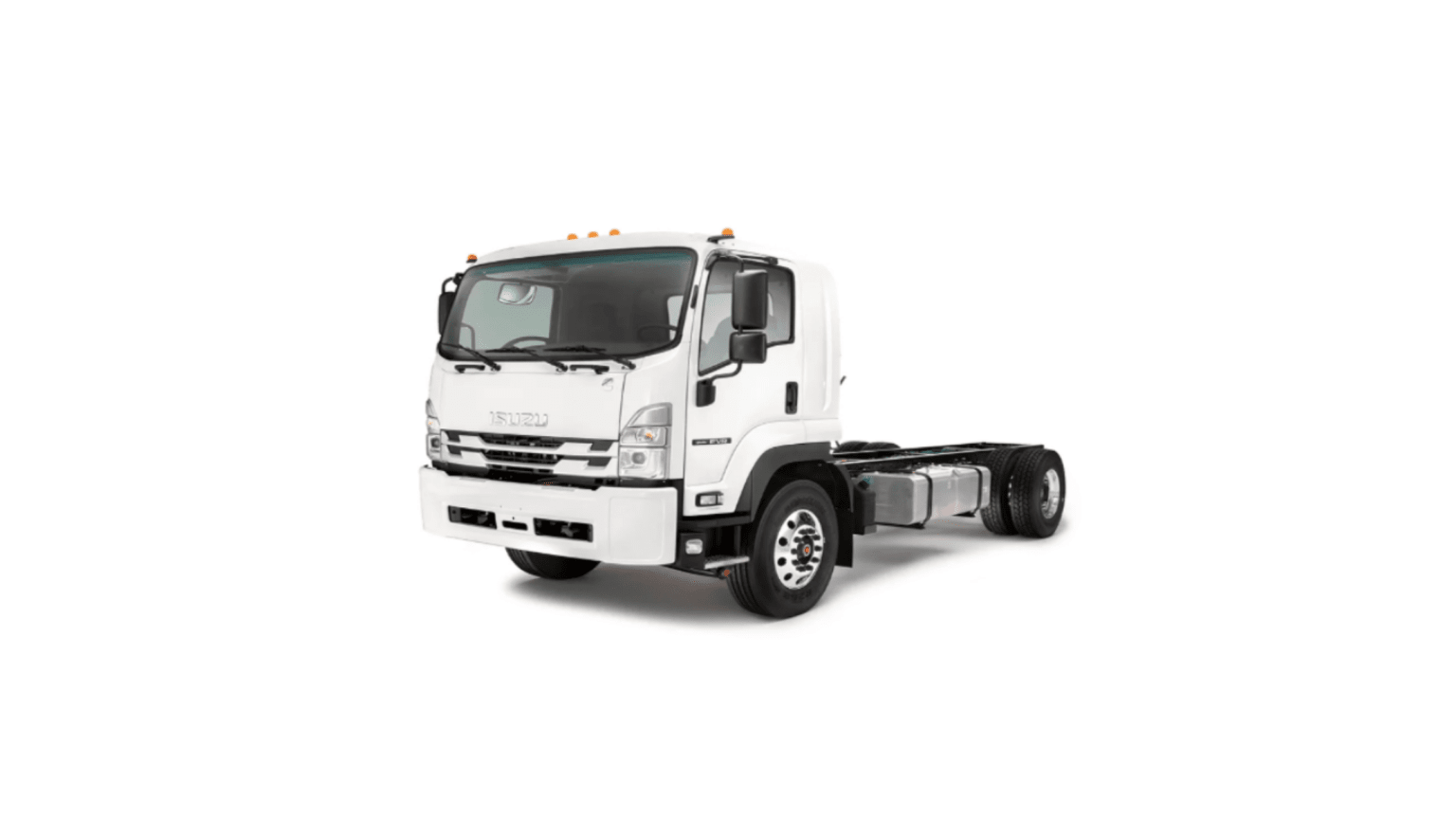 A white chassis truck stands centered against a plain white background.
