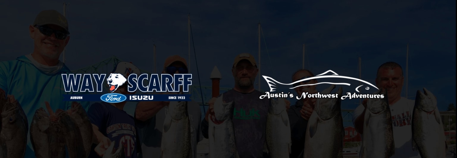 Fishermen proudly display their catch in the foreground, with logos for a fishing charter company and a local business superimposed over a dark, hazy background of boats and sky.