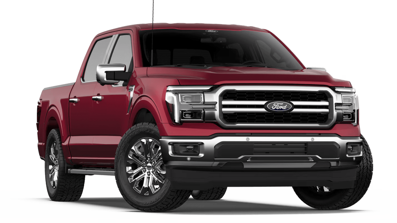 A large, red pickup truck with a prominent grille and chrome accents stands prominently in the foreground against a plain white background.