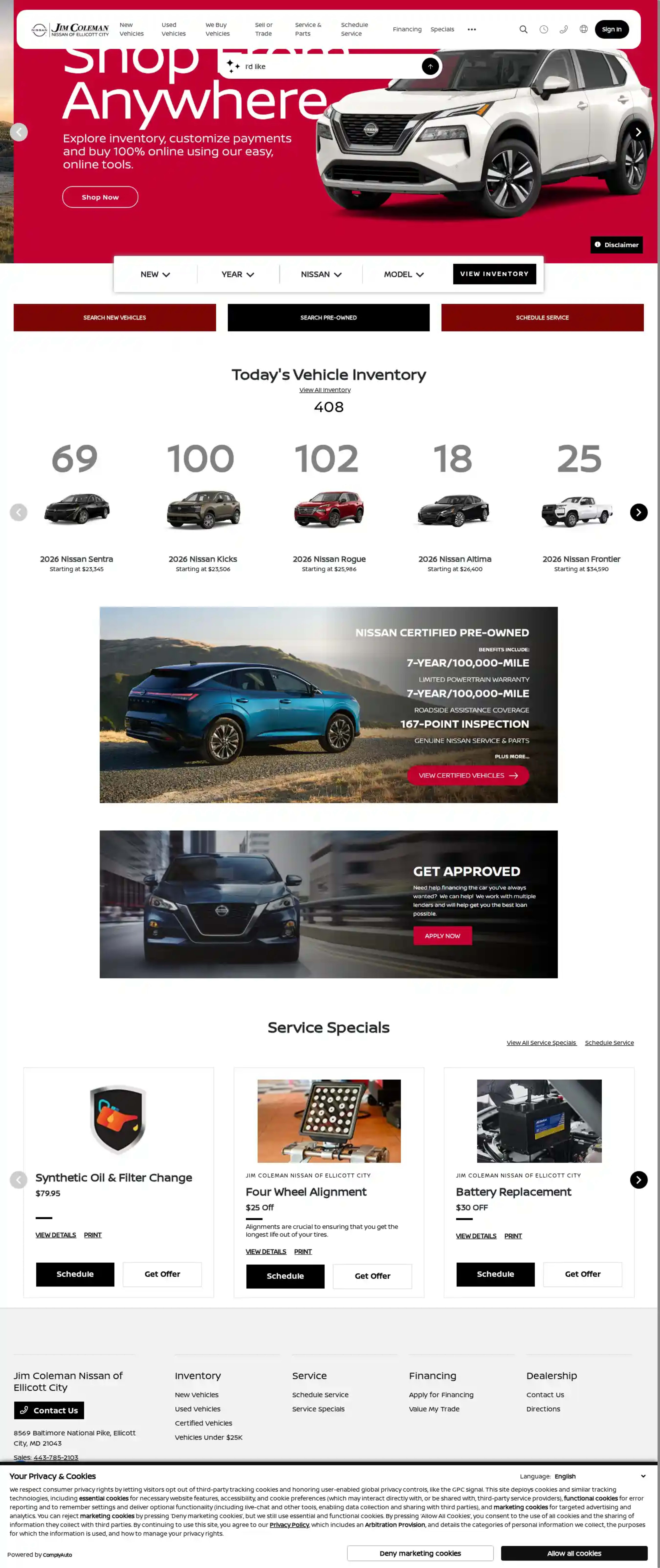 Screenshot of Jim Coleman Nissan of Ellicott City