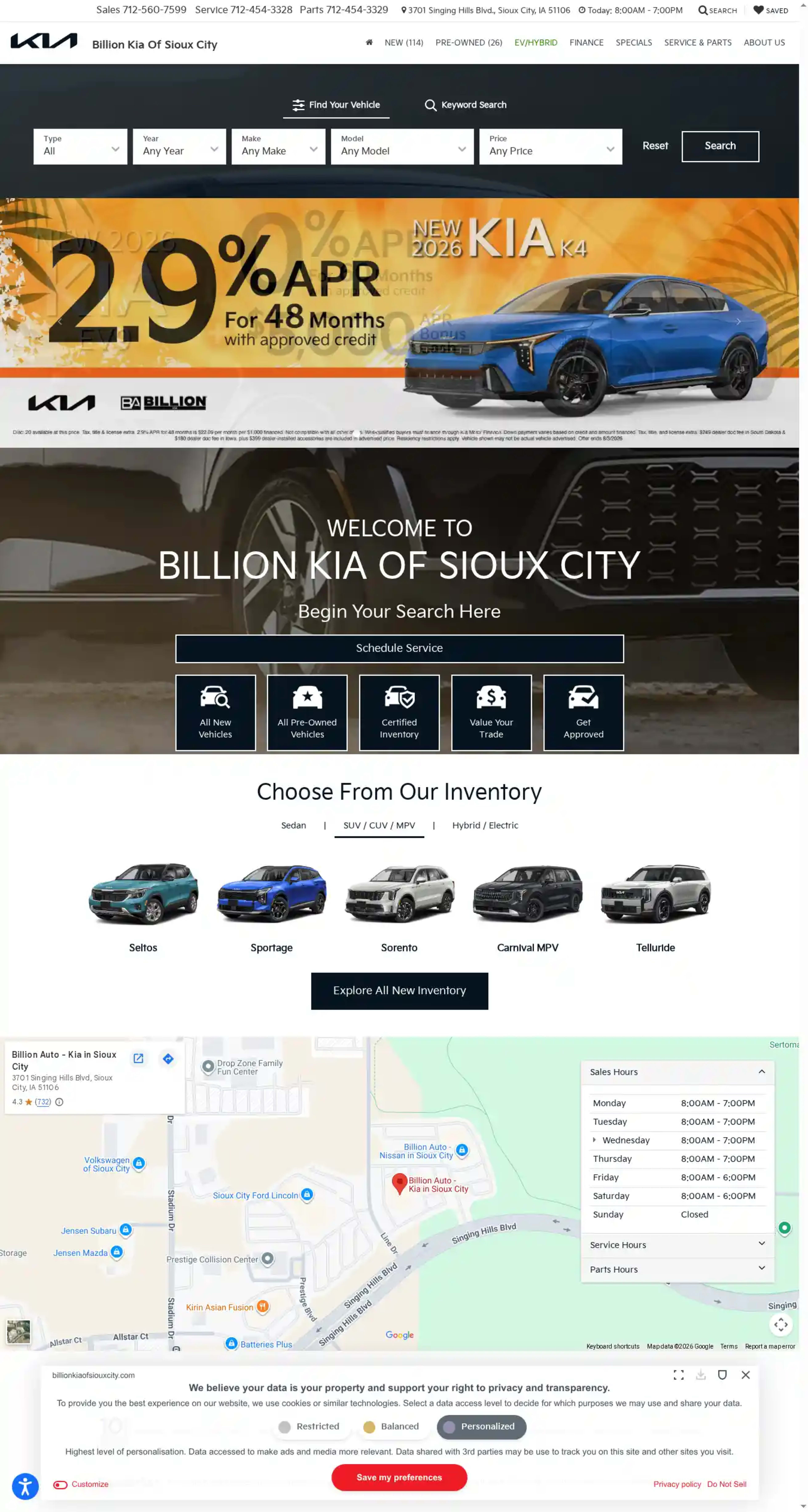 Screenshot of Billion Kia Of Sioux City