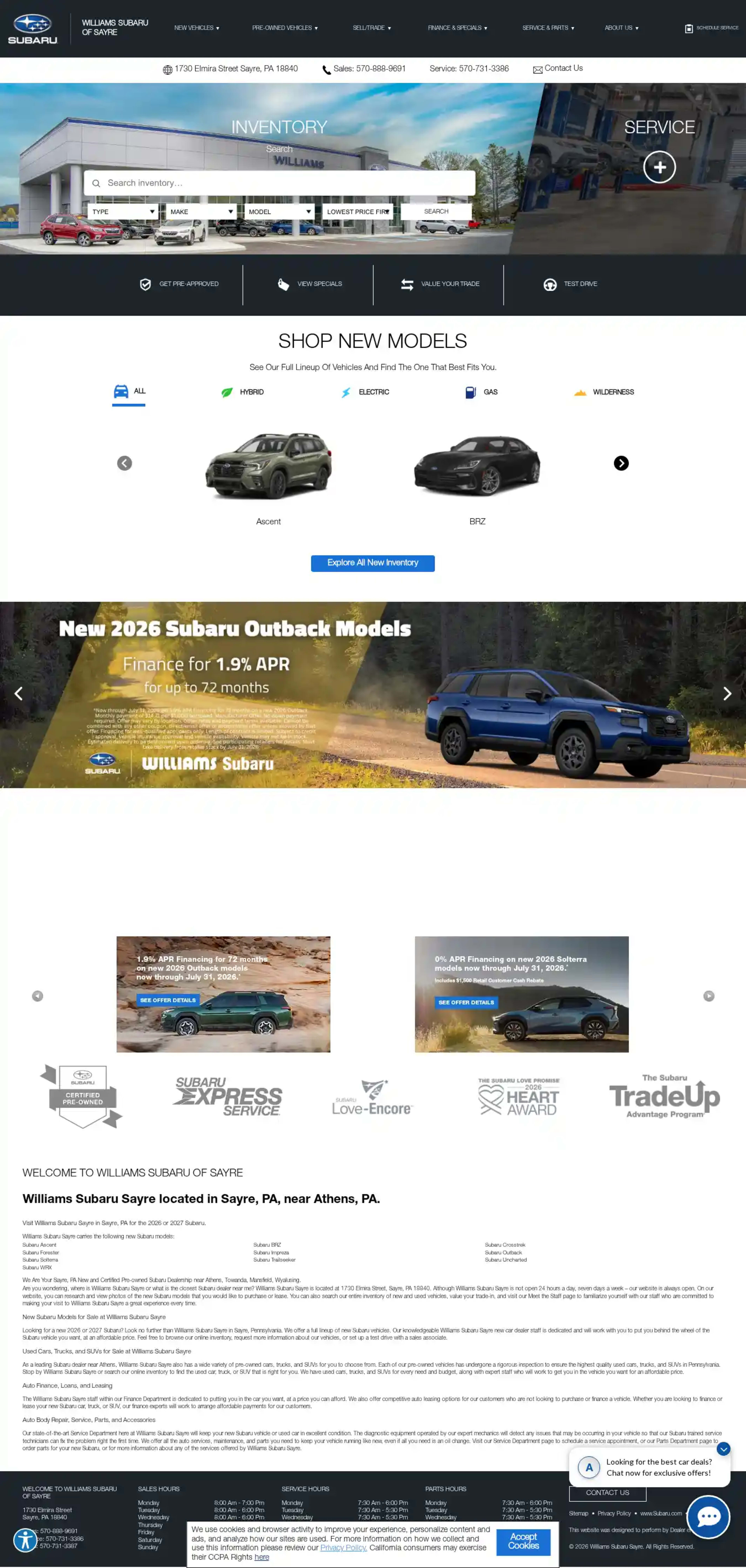 Screenshot of Williams Subaru of Sayre