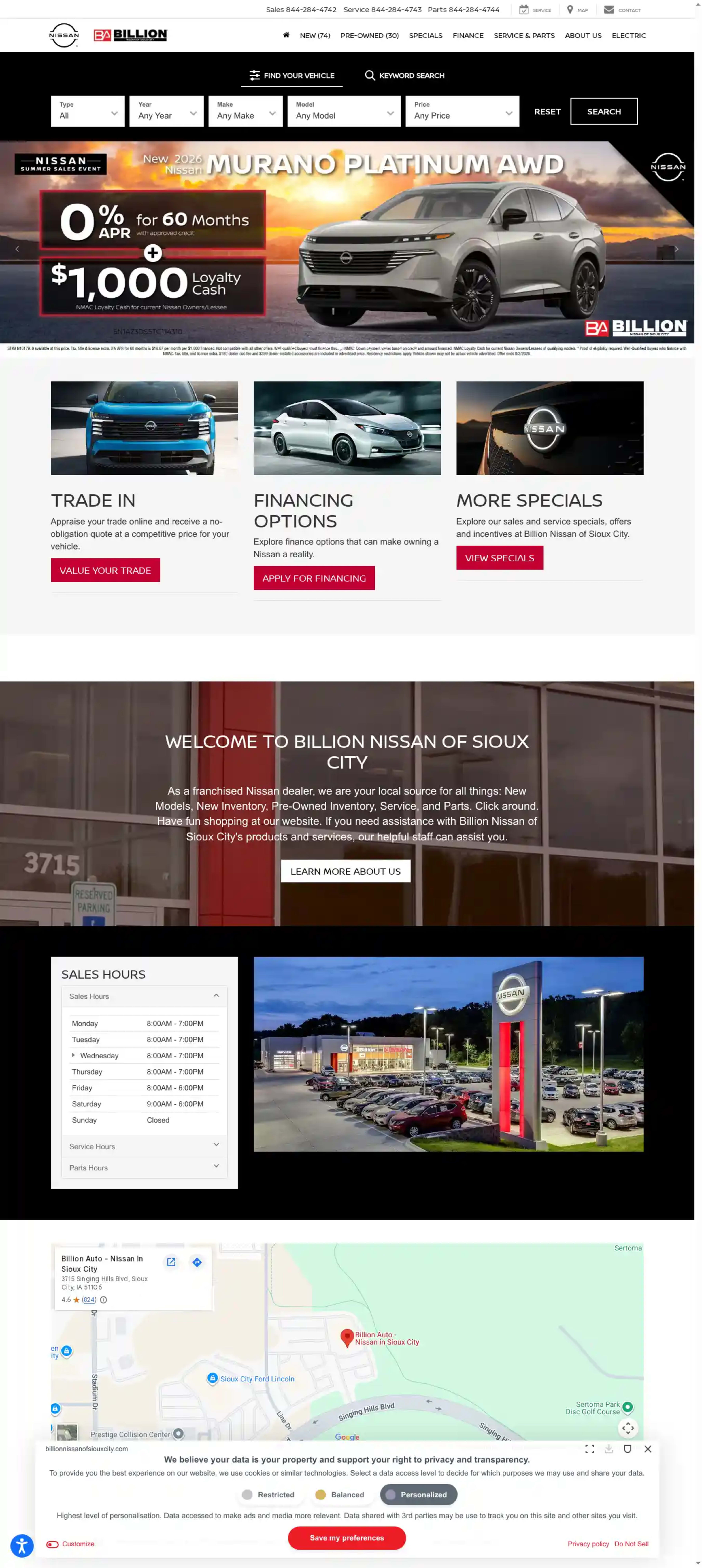 Screenshot of Billion Nissan of Sioux City