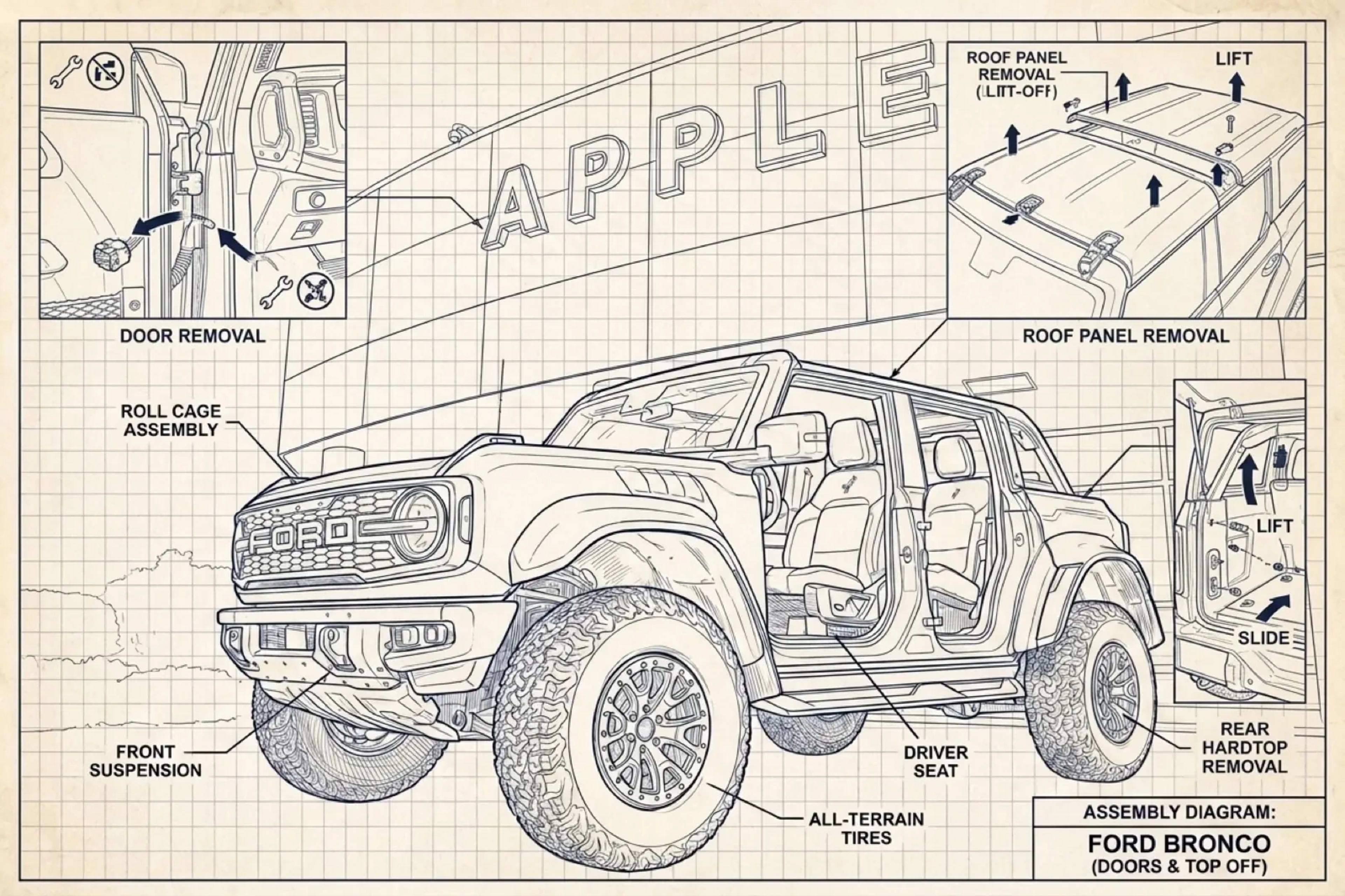 Vintage technical blueprint of a 4-door Ford Bronco with annotated callouts for door removal, roof panel removal, and rear hardtop removal, set against the Apple Ford Lincoln wordmark.