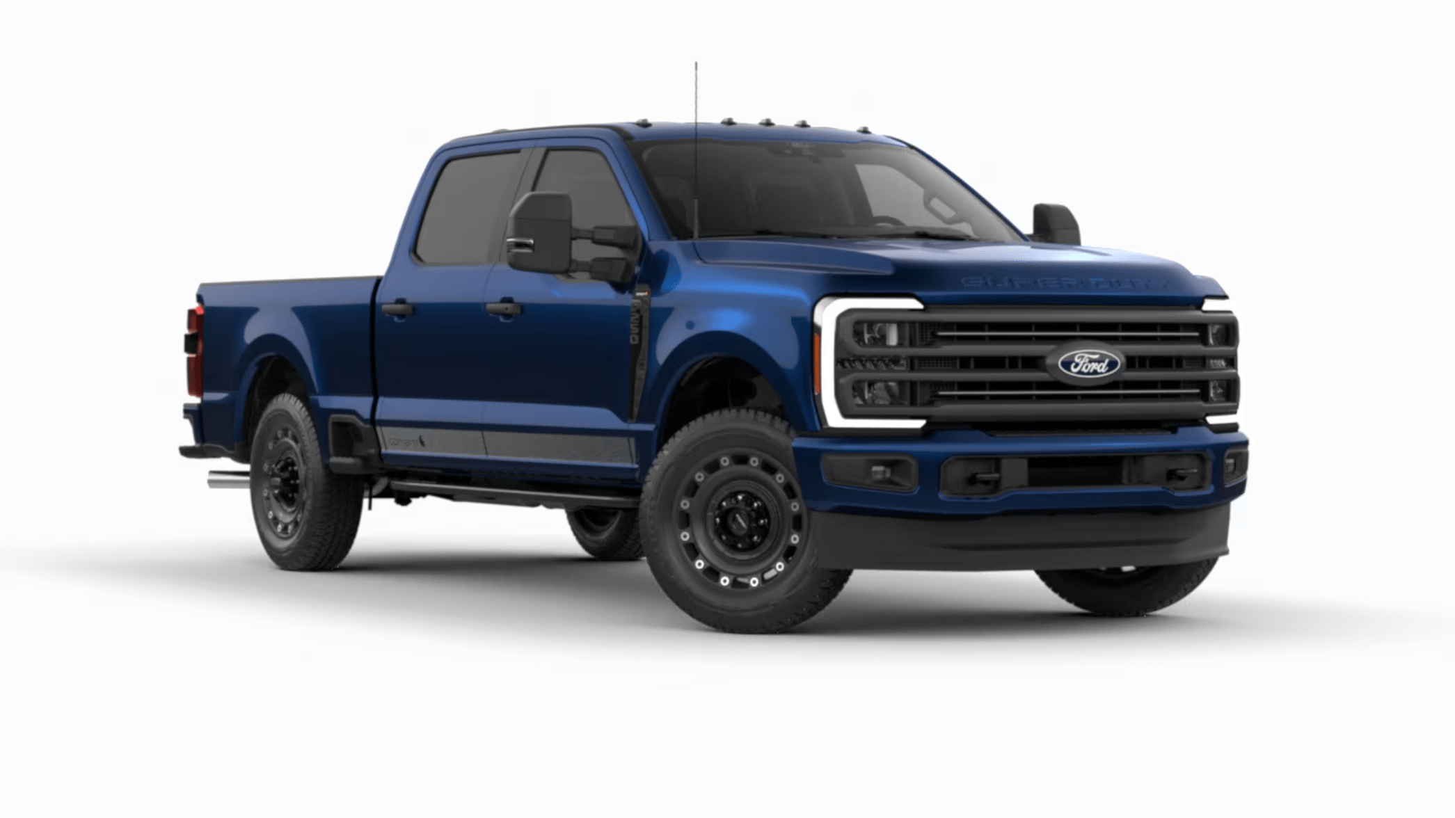 A blue pickup truck stands centered against a plain white background.