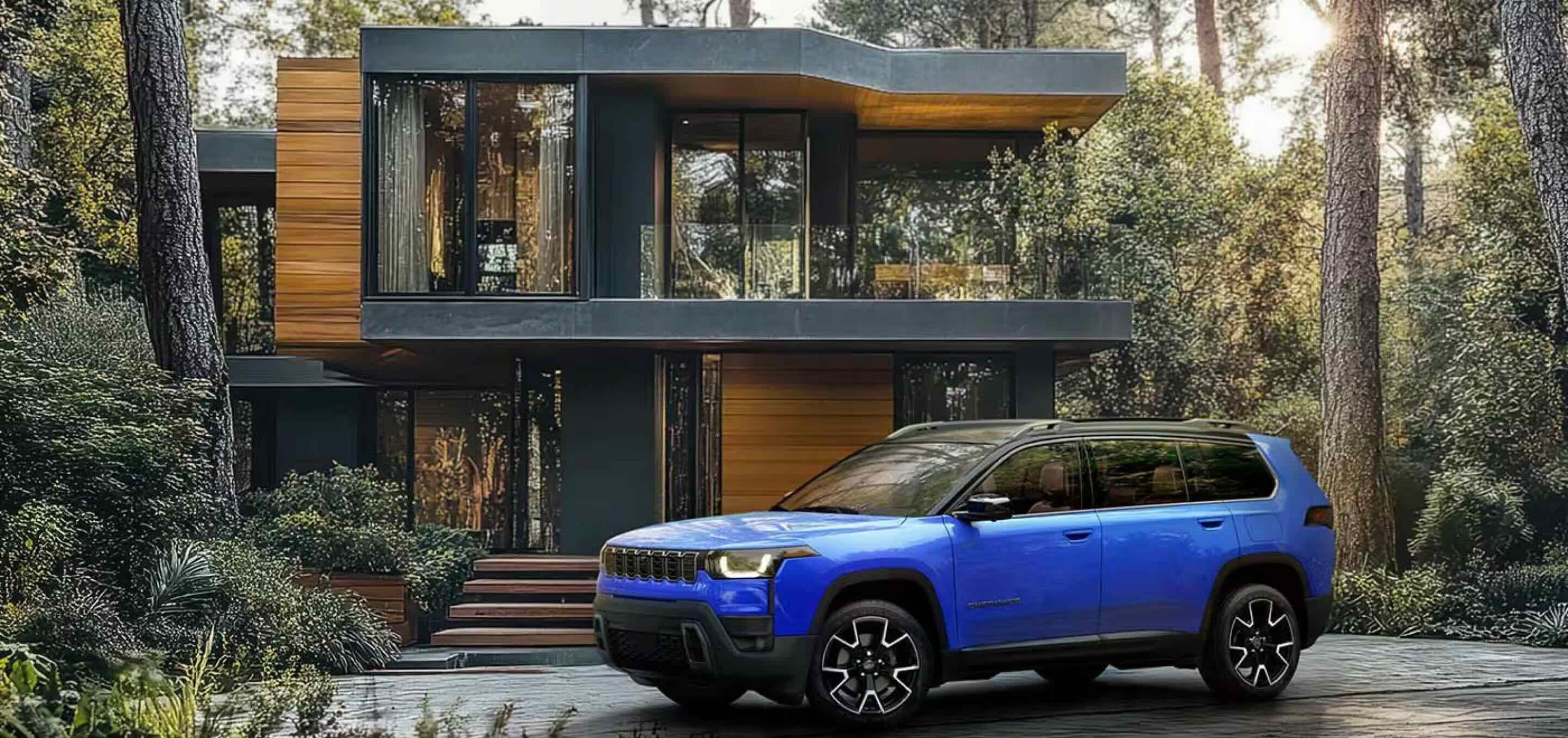 A blue SUV parked in front of a modern house surrounded by tall trees.