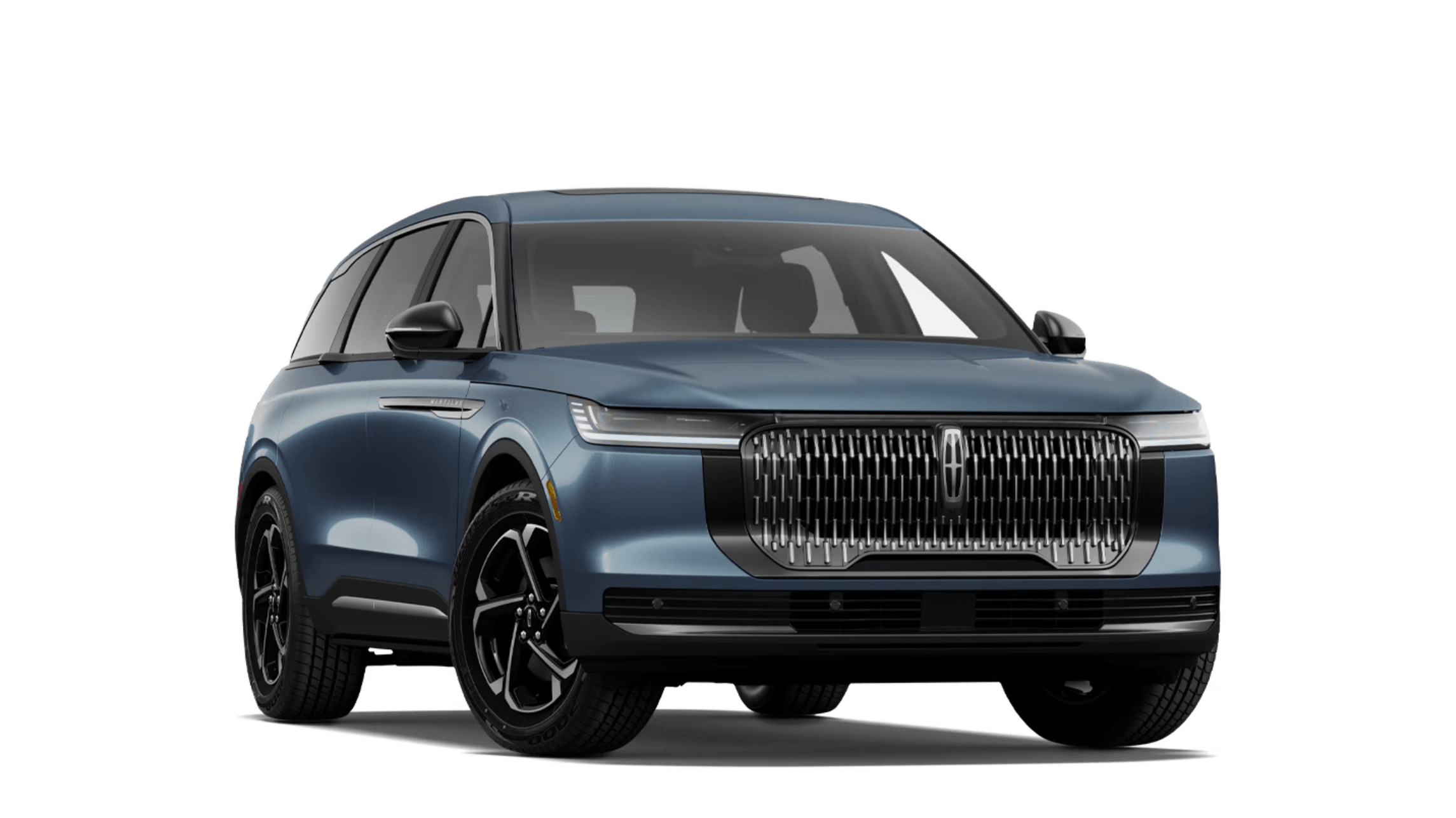 Blue luxury SUV on white background.