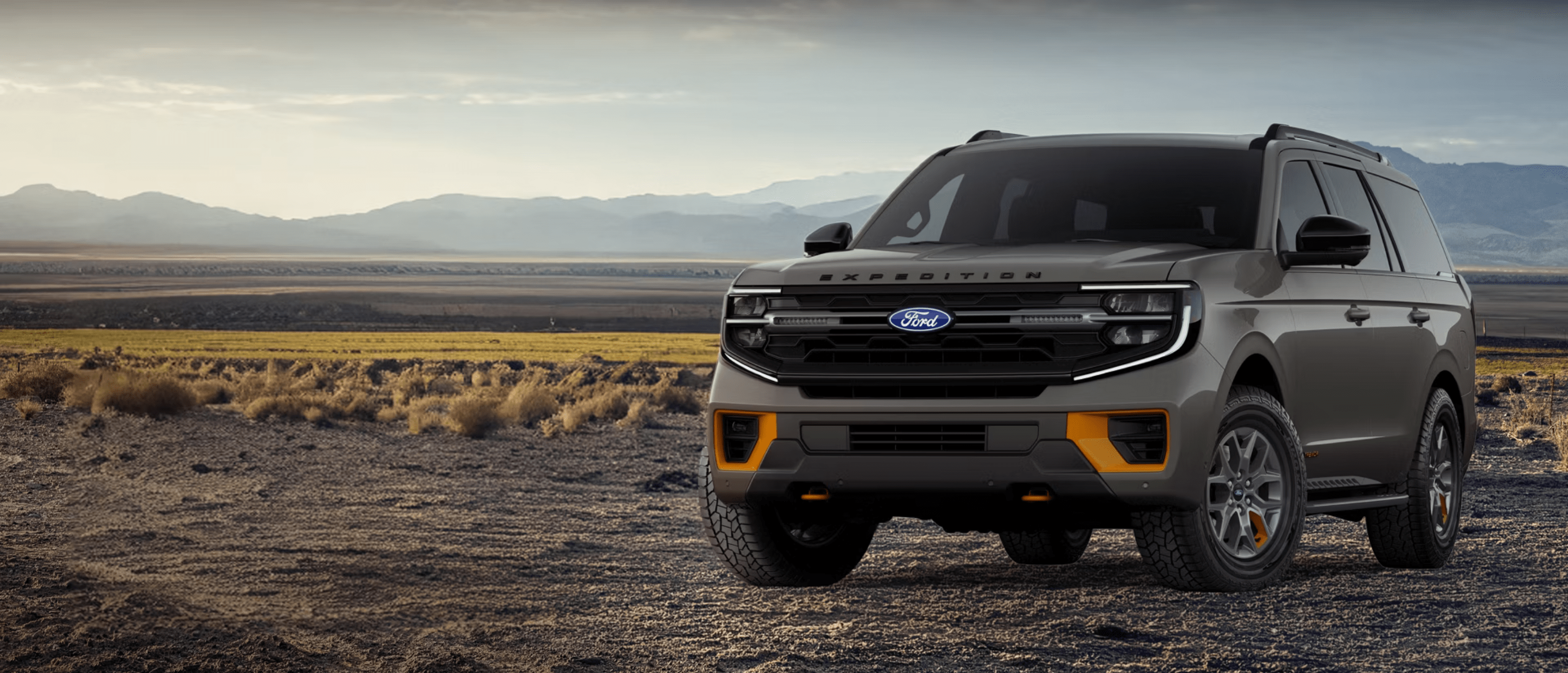 A grey SUV parked in a desert landscape with mountains in the background under a cloudy sky.