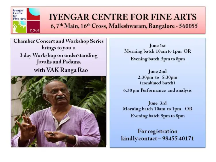 Workshop on understanding Javalis and Padams with VAK Ranga Rao Flyer