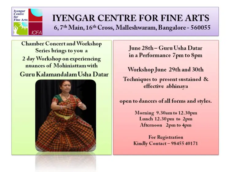 Workshop on experiencing nuances of Mohiniattam with Guru Kalamandalam Usha Datar Flyer