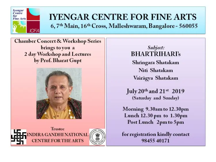 Workshop and Lectures on Bhartrihari's Shringara Shatakam, Niti Shatakam and Vairâgya Shatakam by Prof. Bharat Gupt Flyer