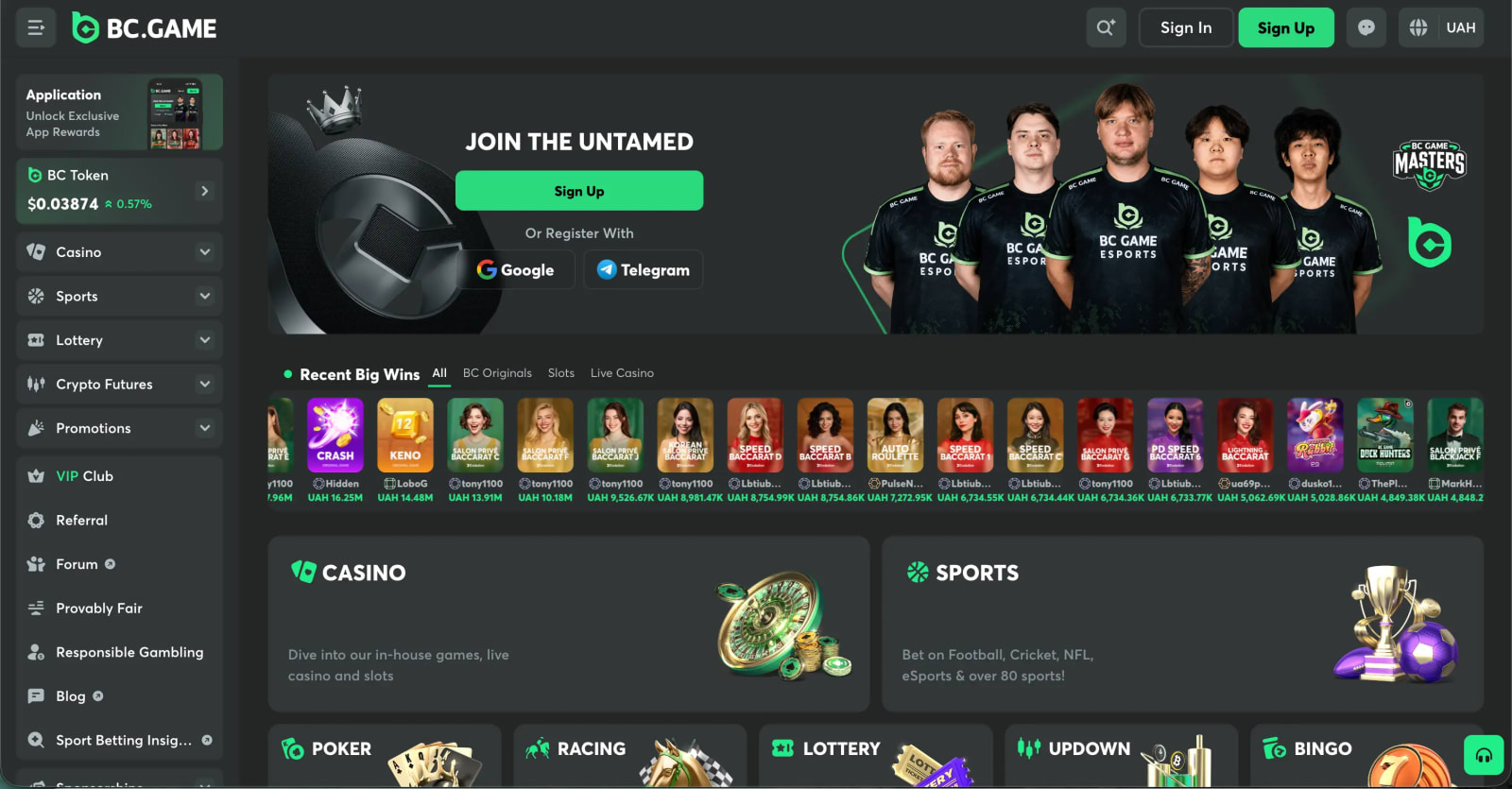 BC.Game casino and sportsbook homepage