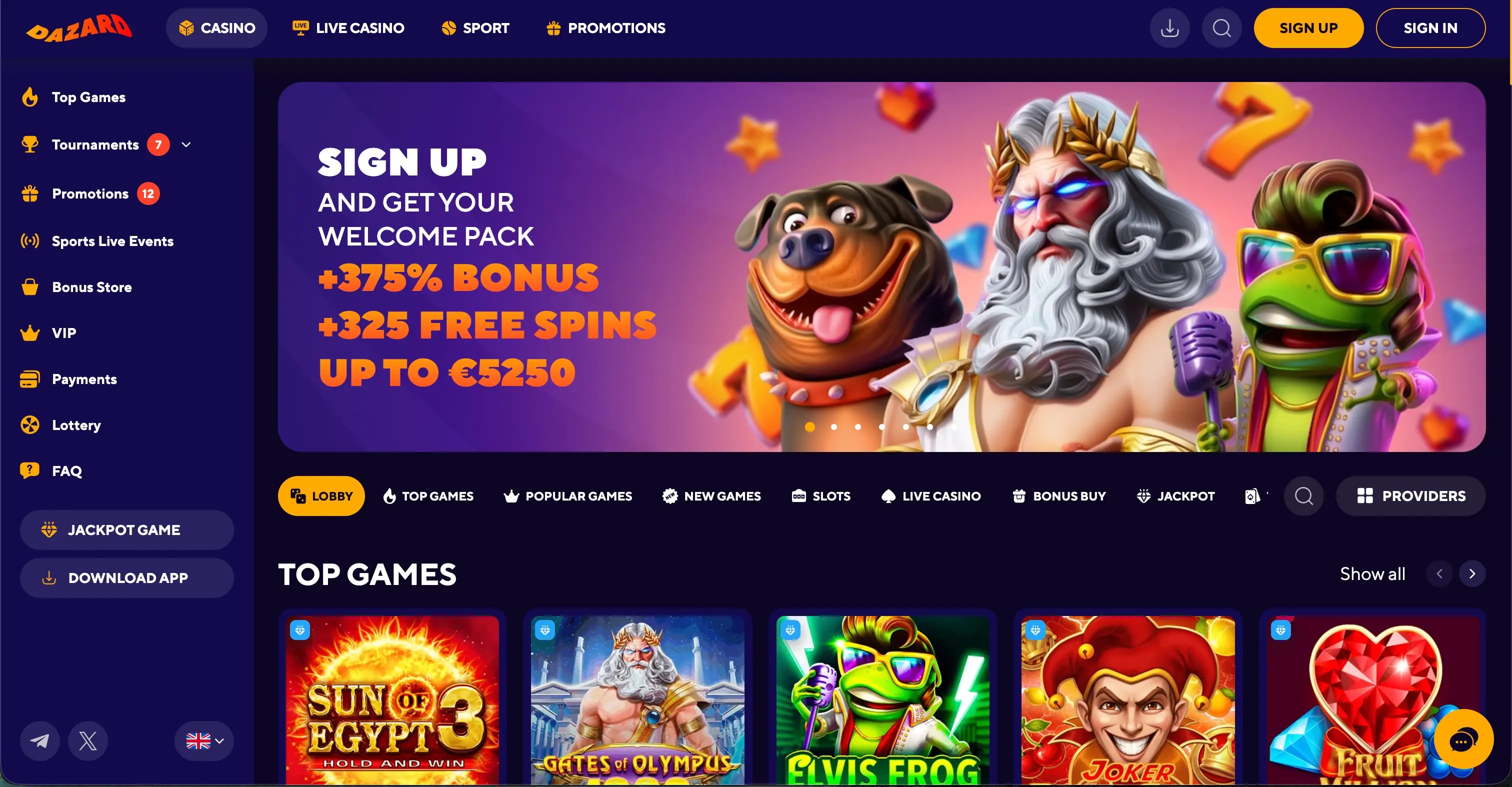 Dazard casino homepage and games lobby