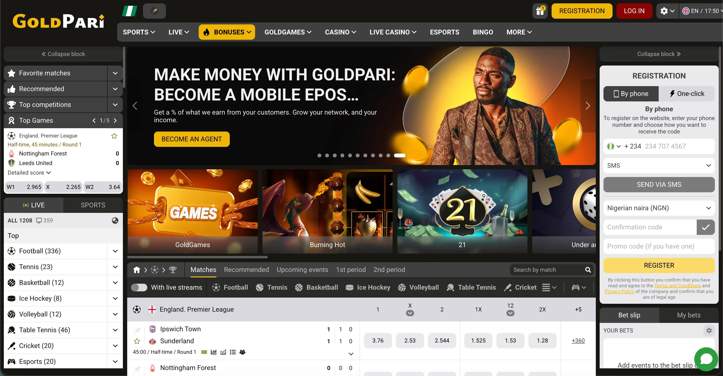 Página de inicio de casinos y apuestas deportivas GoldPari