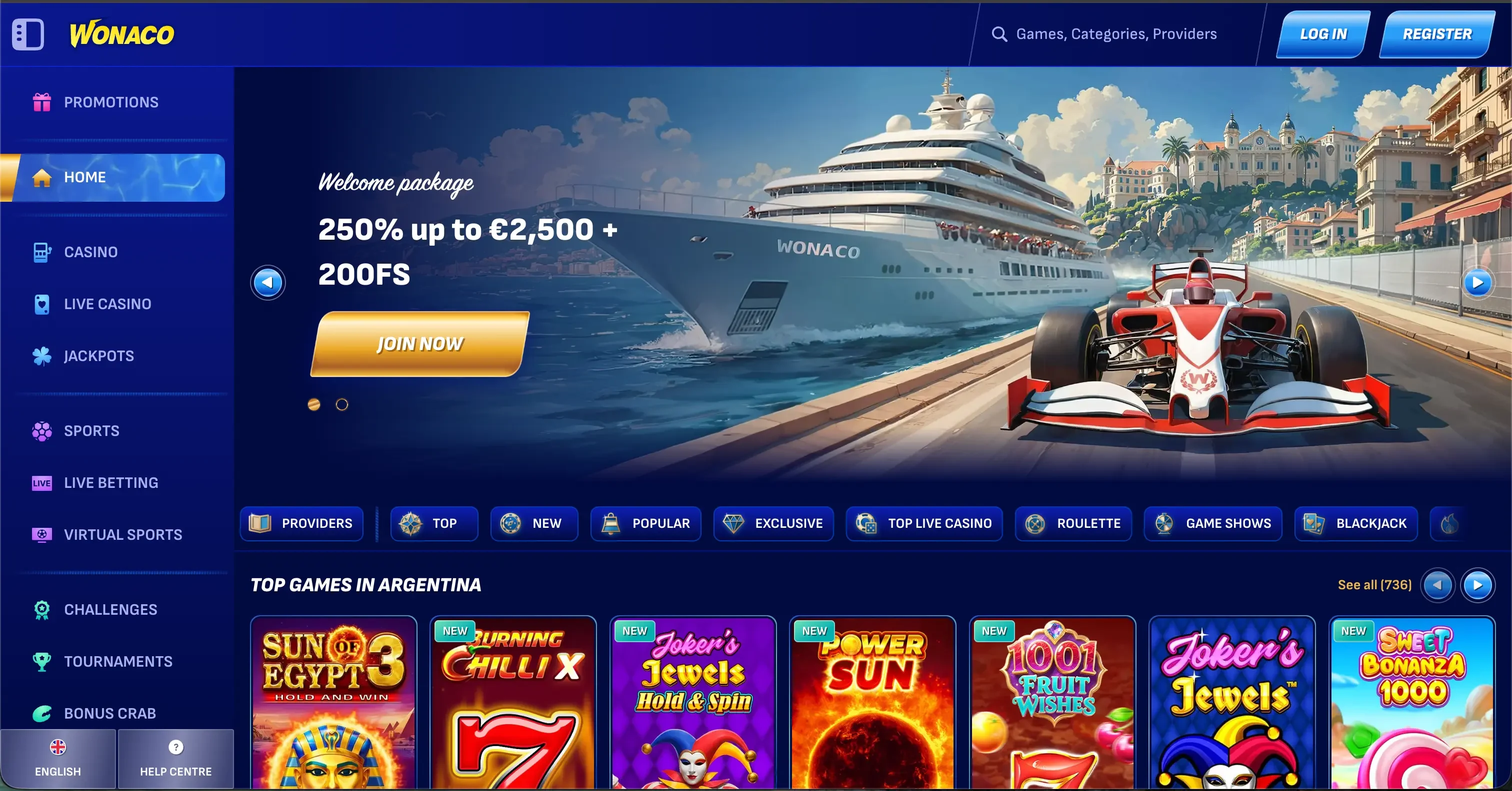 Wonaco Casino-Seite