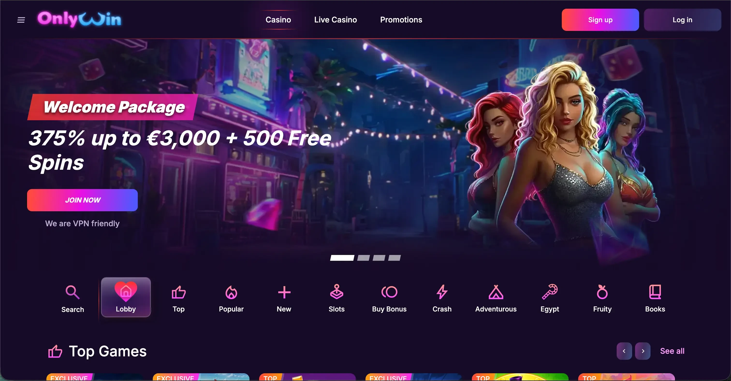 OnlyWin casino page