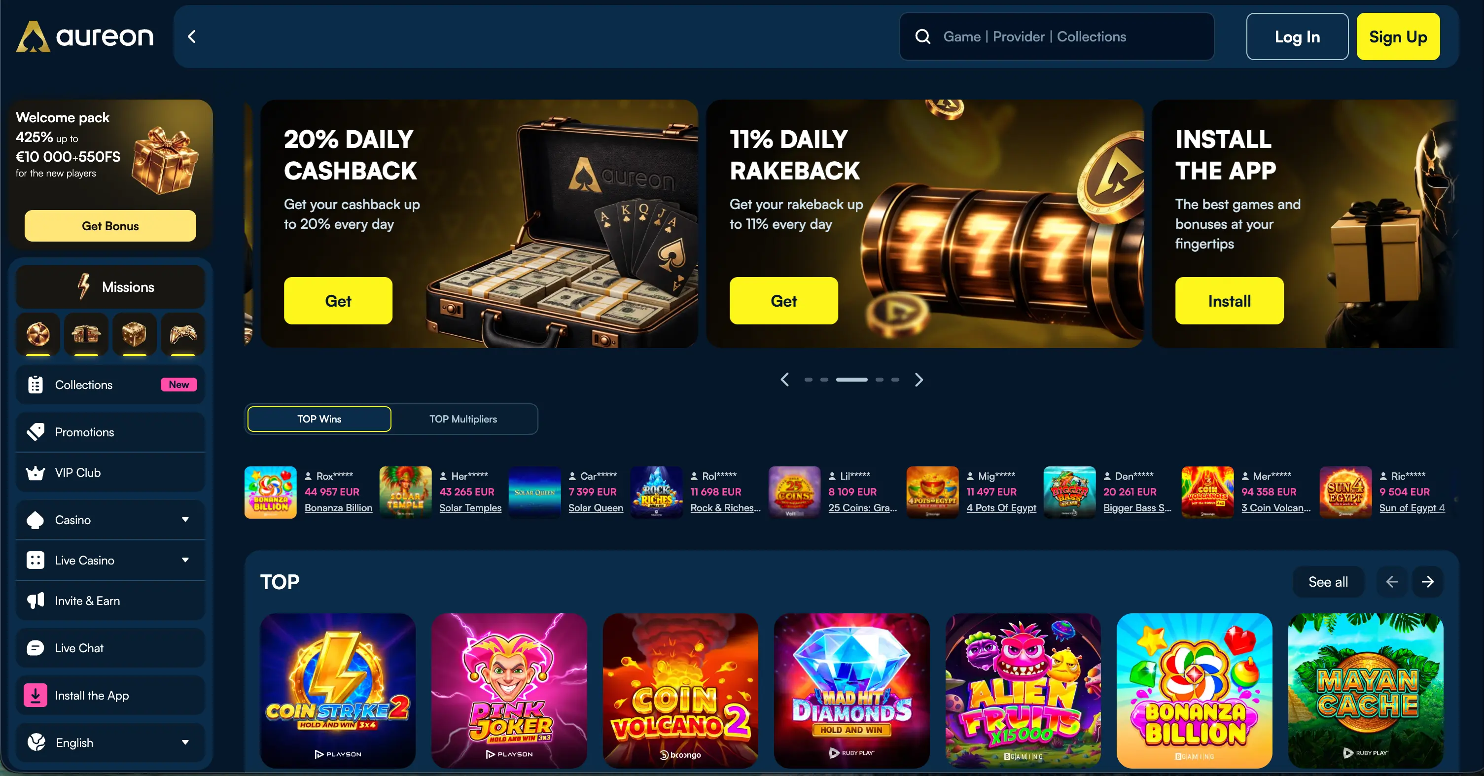 Aureon casino lobby and games page