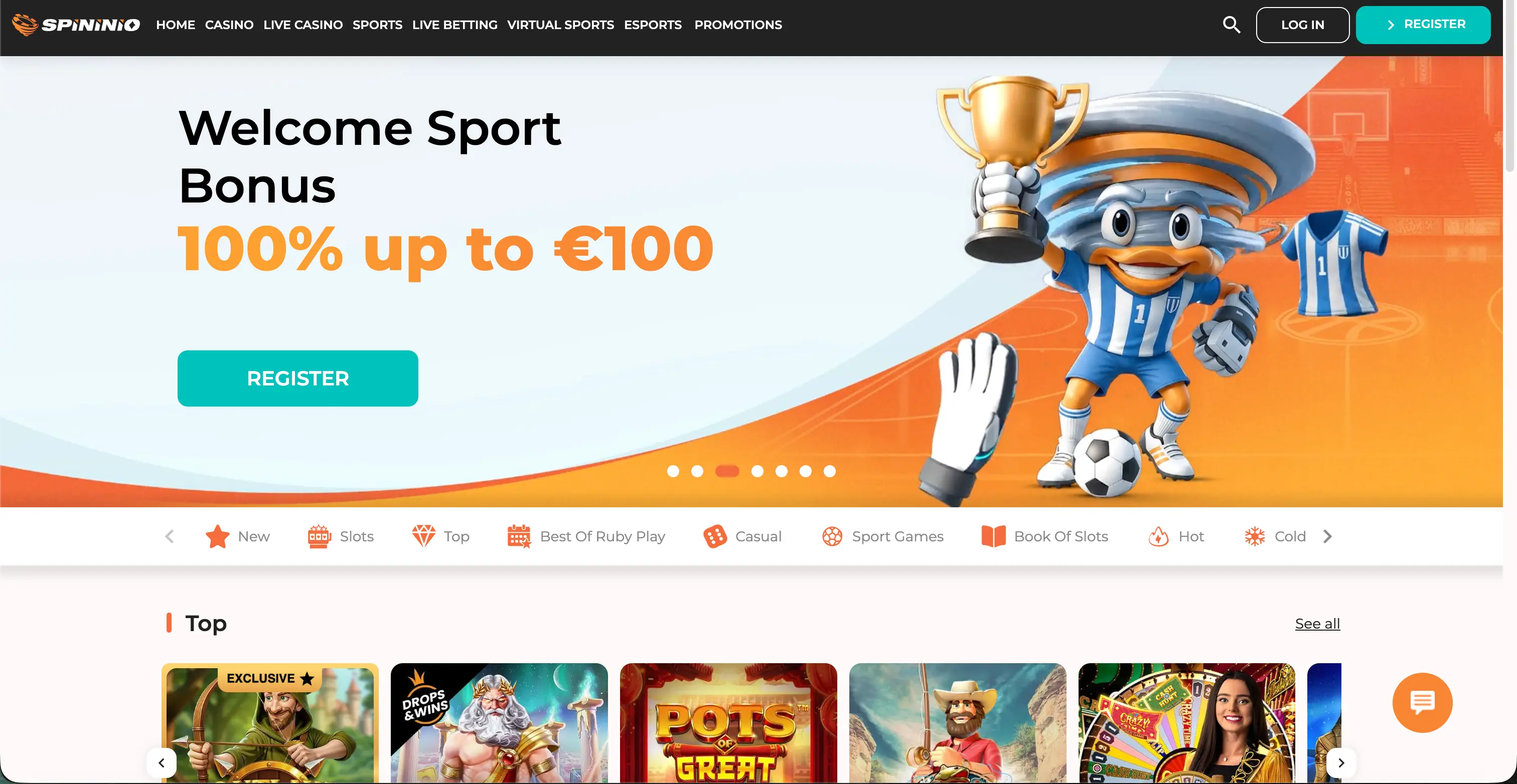 Spininio casino lobby and games page