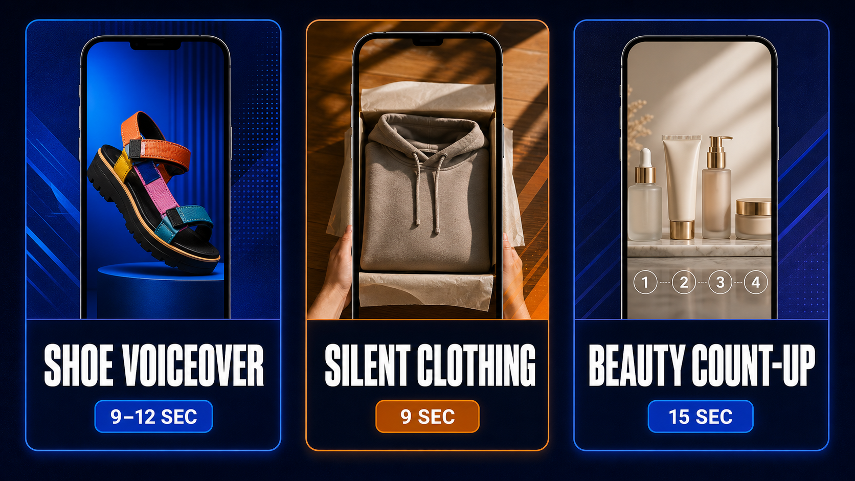 Three TikTok Shop AI video formats for shoes, silent clothing, and beauty bundle count-ups