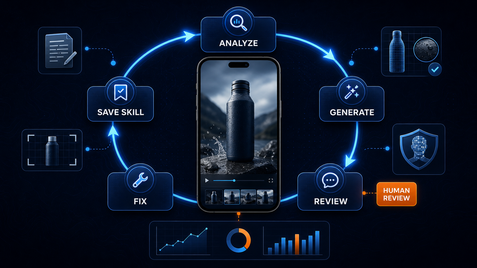 Human review loop for analyzing, generating, reviewing, fixing, and saving TikTok Shop AI video skills